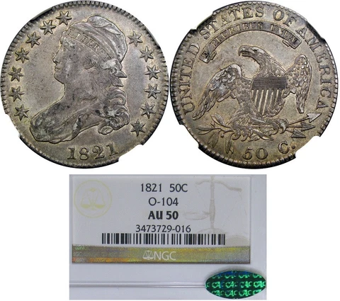 1821 50C NGC / CAC AU50 O-104 CAPPED BUST ~ DELIGHTFUL CRUSTY ORIGINAL! Cover