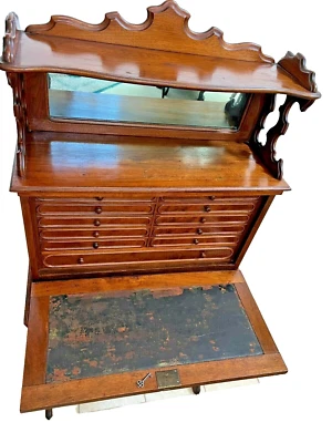 Victorian Artists Secretary Desk Organizer Mirror Top Shelves Locking 12 Drawers - Image 1 of 4