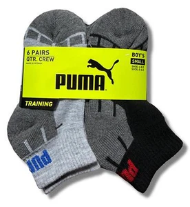 PUMA SOCKS BOYS X6 - QUARTER 253 - CUBE GREY BLUE -SMALL SZ SHOE 4-8.5 - 6 PACK - Picture 1 of 2