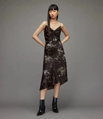 AllSaints Alexia Titania Sleeveless Ruched Asymmetric Midi Dress in Black sz 8 - Image 1 of 4