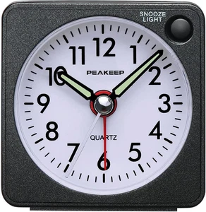 Clock Alarm Snooze Ultra Small/Batter/Travel/Light/Silent/NoTicking/Analog/Black - Picture 1 of 15