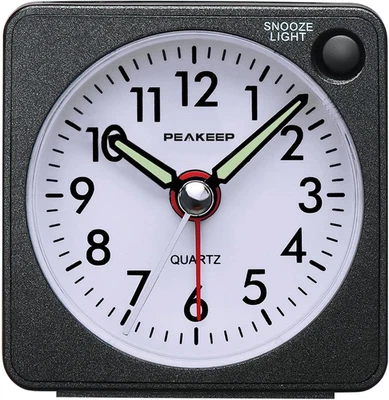 Clock Alarm Snooze Ultra Small/Batter/Travel/Light/Silent/NoTicking/Analog/Black - Image 1 of 4