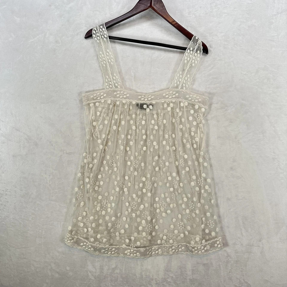 Blusa BCBGMAXAZRIA Feminina Média Marfim Malha Transparente Bordada Bolinhas Renda Regata - Imagem 1 de 4