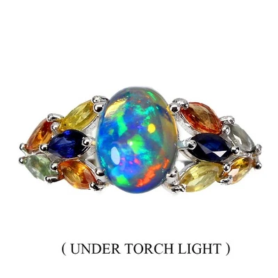 Anello in argento sterling 925 opale di fuoco ovale 9x7 mm zaffiro gemma... - Immagine 1 di 4
