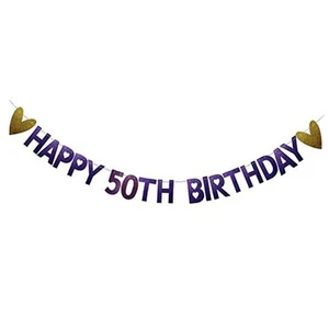 N//A Happy 50th Birthday Banner, Pre-Strung, Purple Glitter Paper Garlands - Picture 1 of 3