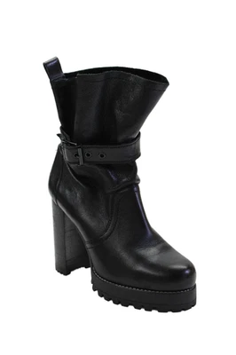 Zara Womens Leather Buckle Detail Round Toe Mid-Calf Boots Black Size 38 8 - Image 1 of 4
