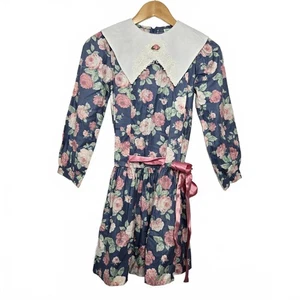 Vintage Rare Editions Dress Girls 10Y Floral Wide Collar Long Sleeve Cottagecore - Picture 1 of 8