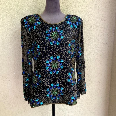 Impresionante Top Vintage Stenay 100% Seda Talla XL Cuentas Lentejuelas Florales Negro Noche Foto 1 de 4