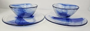 4 Bormioli Rocco Murano Cobalt Blue Cloud Swirl Clear Glass 2 Salad Plate 2 Bowl - Picture 1 of 7