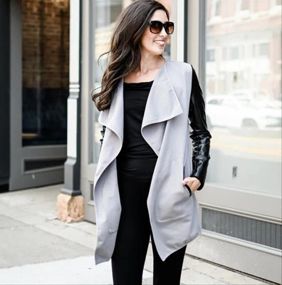 Chaqueta de cuero sintético Cabi para mujer XXS negra gris frente abierto elástica clásica informal Foto 1 de 4