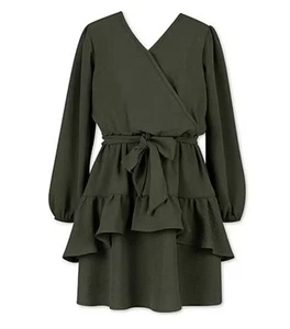 Speechless Girls Long Balloon Sleeve Wrap Tie Dress Olive Green Ruffle Size 10 - Picture 1 of 7