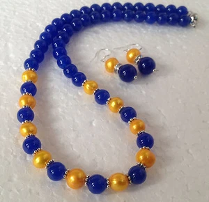 Genuine Golden Akoya Cultured Pearl/Blue Jade Beads necklace 18" earrings Set - Picture 1 of 3
