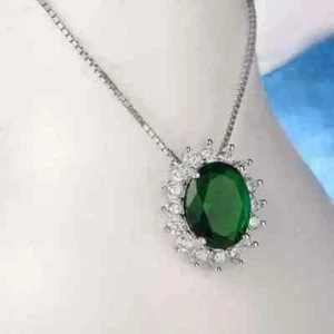 2Ct Oval Cut Lab-Created Green Emerald Halo Women Pendant 14K White Gold Plated - Picture 1 of 4