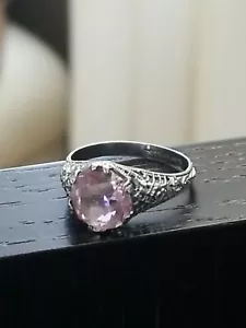 Antique Sterling Filigree Floral Amethyst Paste Victorian Crystal Ring Size 5.75 - Picture 1 of 9
