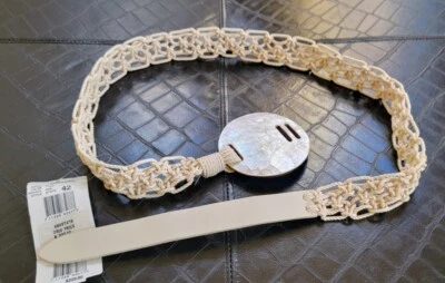 NWT $220 ESCADA WOMEN'S CROCHET LEATHER & MOTHER OF PEARL BELT SZ 42 45"x 1.5" - Image 1 of 4