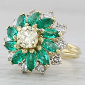 3.59ctw Creado en Laboratorio Esmeralda Diamante Flor Anillo 18k Oro Coctel Sz - Imagen 1 de 10