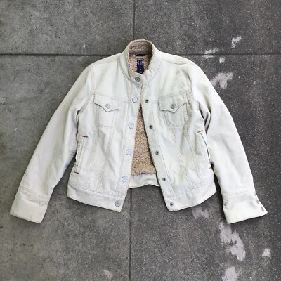 GAP Corduroy Jacket Trucker Sherpa Lining Women Small Tan Beige *Stained* - Imagem 1 de 4