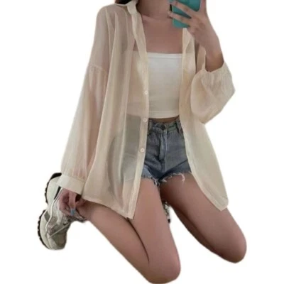 Cárdigan Transparente Mujeres Manga Larga Camisa Abotonada Verano Protectores Solares Prendas para el torso Foto 1 de 4