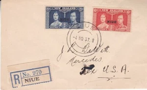1937 Niue #71-72 on reg cover to US; coronation topical (not FDC) *d - Picture 1 of 2