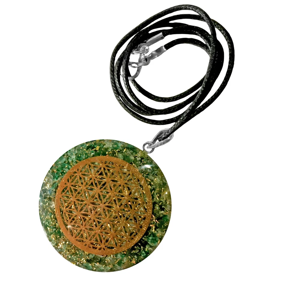 Green Jade Flower of Life Pendant Orgone Energy Copper Orgonite Necklace Reiki - Image 1 of 4