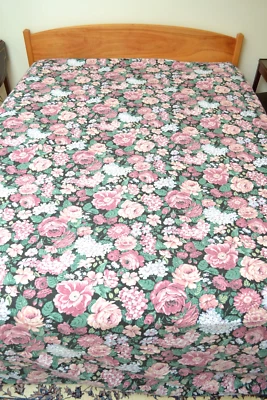 Vintage Fieldcrest King Flat Sheet Gazebo Black Pink Floral Hydrangea 104" x102" - Image 1 of 4