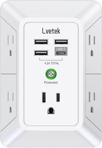 USB Wall Charger, LVETEK Surge Protector 5 Outlet Extender with 4 USB Ports 3 Si - Picture 1 of 24
