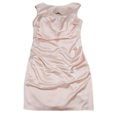 David's Bridal Short Sleeve Petal Stretch Satin Knee Length Dress Sizes 12 & 14 - Image 1 of 4