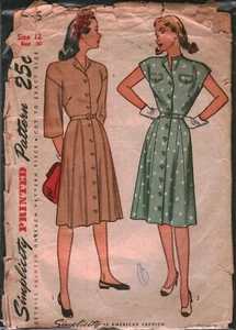 Vestido de una pieza abotonado 12 1646 vintage patrón de costura simplicidad faltas años 40 - Imagen 1 de 2