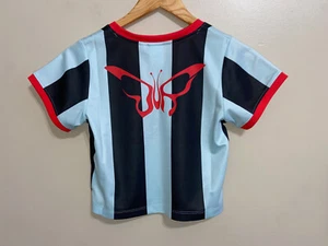 Puma x Dua Lipa Striped Cropped Jersey Shirt Blue Tops Womens L 536637-89 NEW - Picture 1 of 9