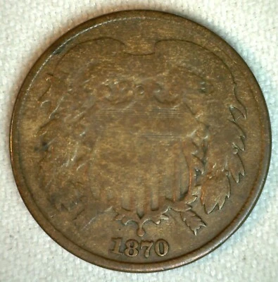 1870 US Shield 2c US Type Coin Two Cents Bronze Coin Good - Image 1 of 2