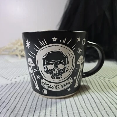 Spooky Black Halloween Coffee Mug ~ Skull & Mushroom Etched Design ~ Fig & Fern - Image 1 of 4