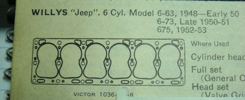 Junta de culata Willys 6-63 Jeep 1948-1950 6 cilindros 643359 148 CI Foto 1 de 1