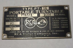 VINTAGE RCA TURNTABLE Identification Plate Type Point 16 Model PT16A1 - Picture 1 of 6