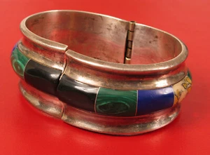 FABULOUS VINTAGE TAXCO INLAY SPRING BRACELET LAPIS MALACHITE ONYX BRACELET WOW  - Picture 1 of 4