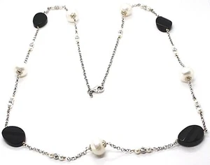 COLLANA ARGENTO 925, ONICE NERA OVALE SFACCETTATA, PERLE, 80 CM, CATENA ROLO - Foto 1 di 7