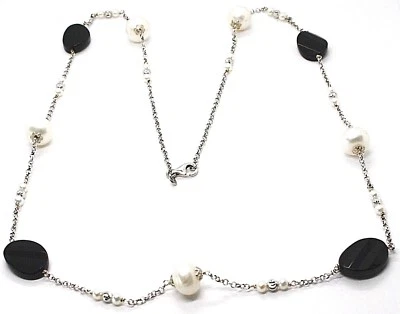 Collar Plata 925 , Ónix Negro Ovalados Facetada, Perlas, 80CM, Cadena Rolo - Imagen 1 de 4