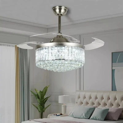 42" Silver Invisible Ceiling Fan Crystal Chandelier 3-Color LED 3-Speed w/Remote - Image 1 of 4
