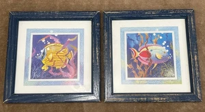 Colorful Fish Blue Distressed Wall Art Decor Sea Ocean Life Bathroom Toddler 8x8 - Picture 1 of 5