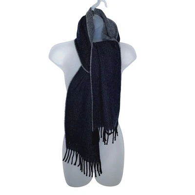 McNutt 100% Lana de Cordero Bufanda Flecos Azul Gris Reversible Dos Tonos 11" x 65" Foto 1 de 4