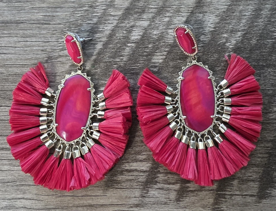 Kendra Scott Cristina Raffia 17 Tassels Drop Gold Tone Dangle Earrings Red Pink - Image 1 of 4