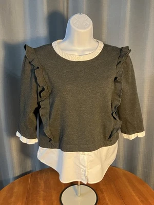 Suéter/camisa mediana para mujer Slate & Willow gris con ribete blanco Foto 1 de 4