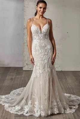 Edles Meerjungfrau Spitze Brautkleid Hochzeitskleid n.Maß Knöpfe Träger Glitzer - Bild 1 von 4