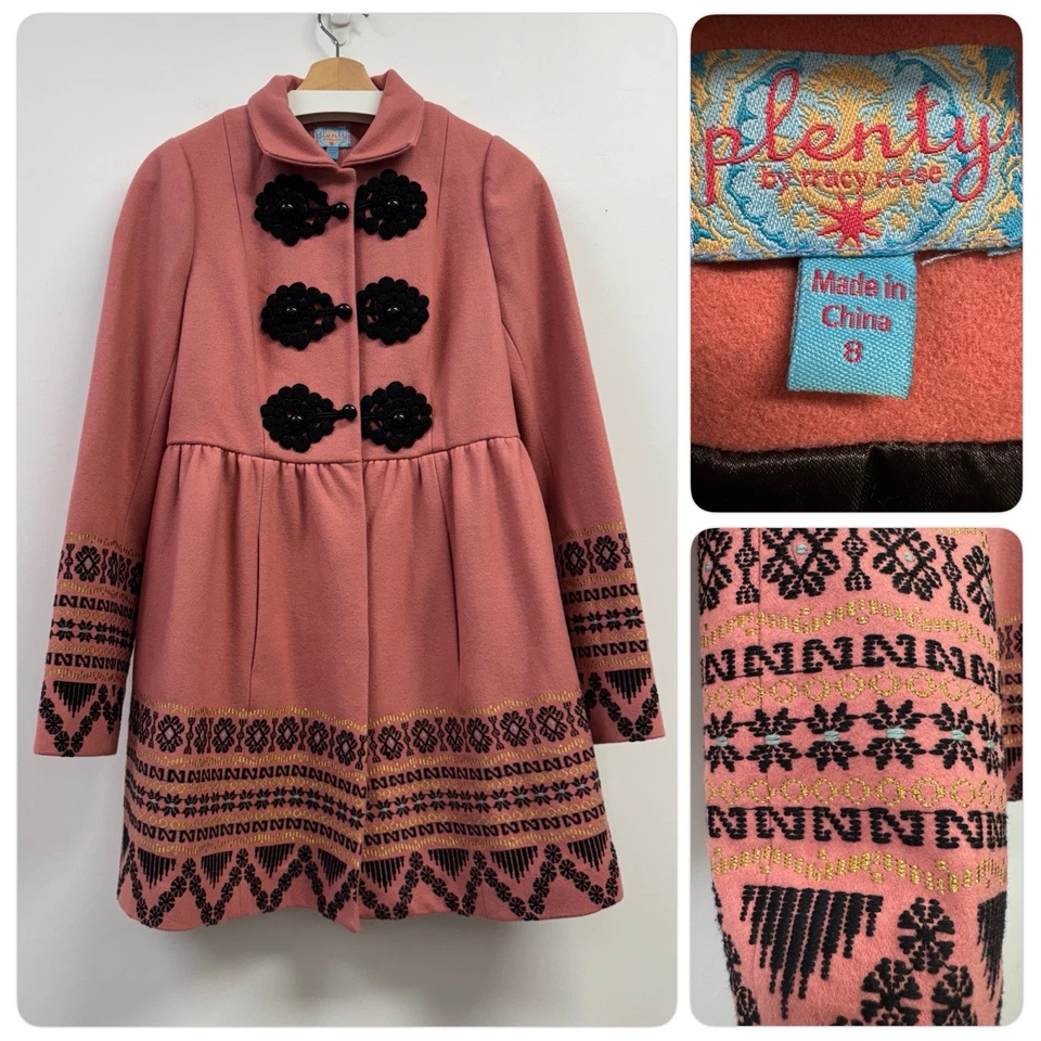 Abrigo Plenty by Tracy Reese Elimovna Talla 8 Rosa Lana Bordado Foto 1 de 4