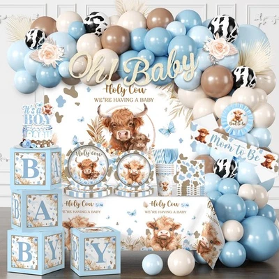 241 piezas Decoraciones Highland Cow Baby Shower para niño, paquete integral incluye... Foto 1 de 4