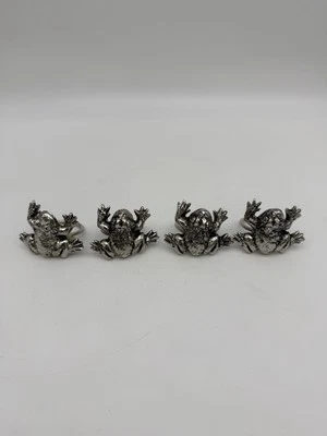 全新 4 件套陶器谷仓金属斑点青蛙餐巾戒指 银色锡色 — 第 1/3 张图片