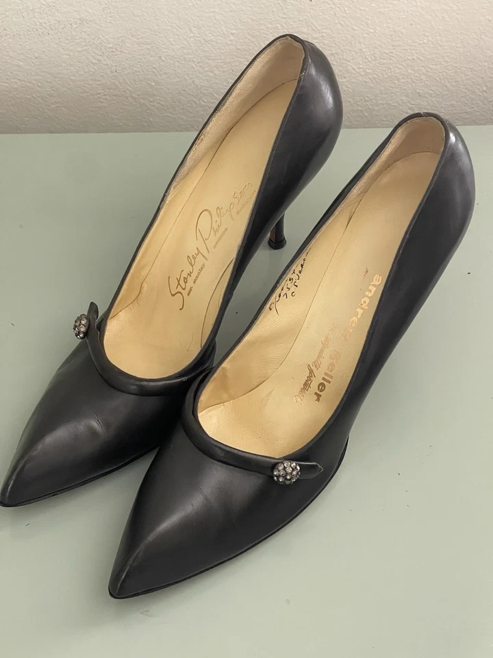 Zapatos de tacón de aguja 8 AAA Monroe vintage años 50 punta puntiaguda negra con punta estrecha Foto 1 de 4