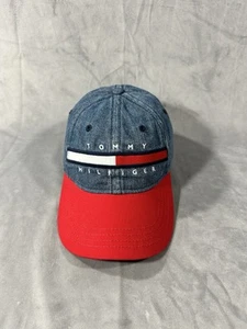 Tommy Hilfiger Blue Denim Red Adjustable Strapback Hat Baseball Cap Spellout - Picture 1 of 7