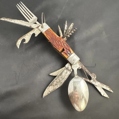 Cuchillo de camping Hobo vintage Selsi Japón multiherramienta mango de hueso Foto 1 de 4