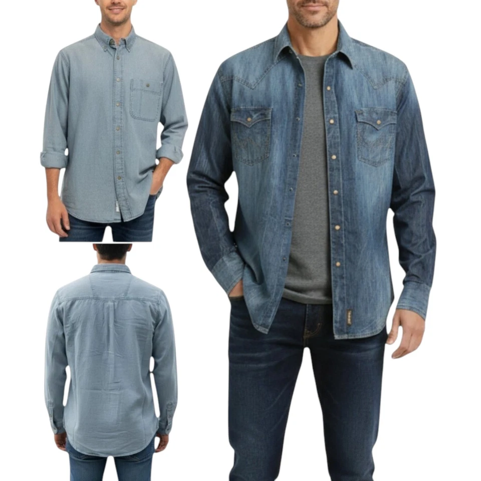 Wrangler Mens Denim Shirt Vintage Long Sleeve Retro Lightweight Snap Button Top - Image 1 of 4