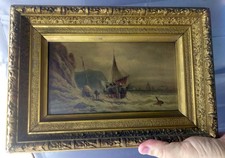 Antique Old Picture Frame Lithograph Print Nautical Ship Boats Coastal Landscape